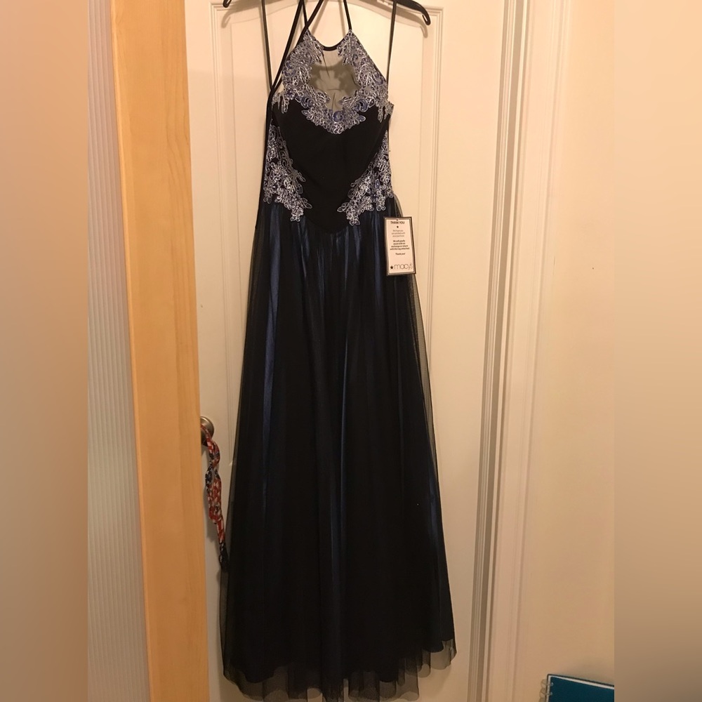 Size 7 Blue and Black mesh with blue floral appliqué prom gown